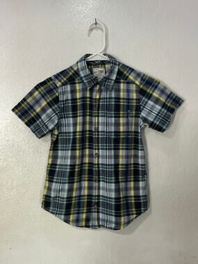 place boys blue green yellow plaid button down shirt size S 5/6